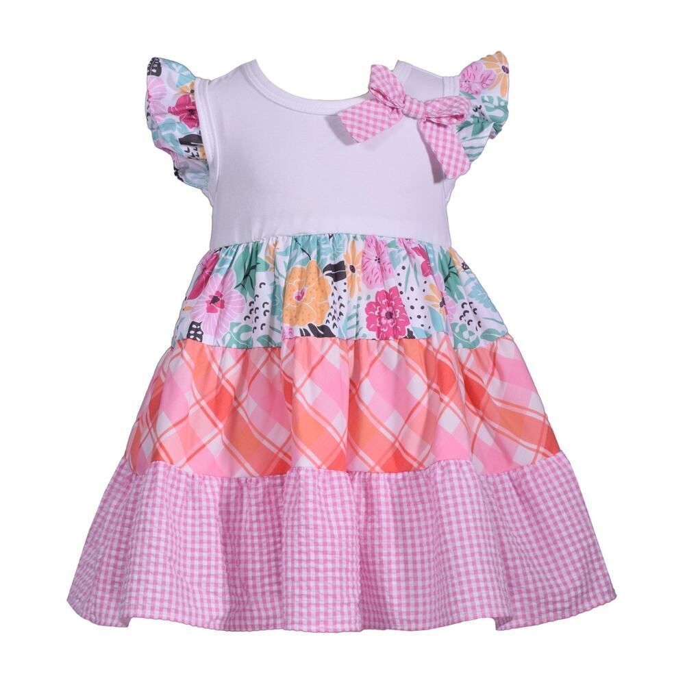 Bonnie Baby Girls Flutter Sleeve Pink Mixed Printed Tier Dress Size 24M